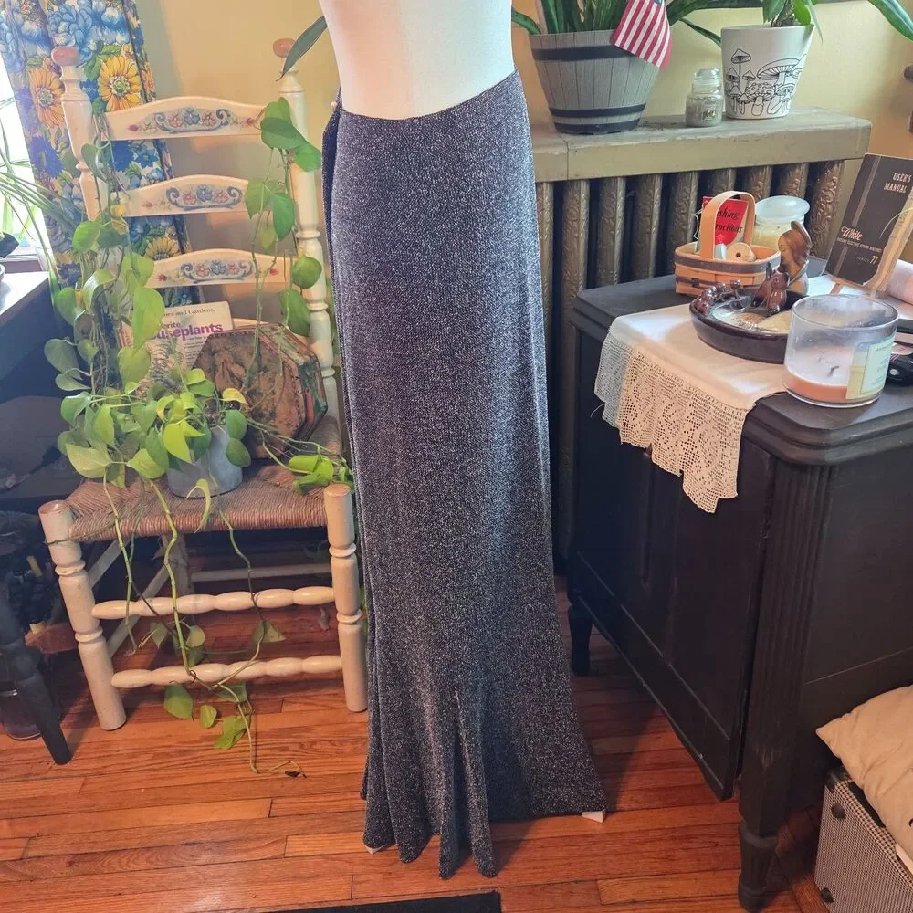 Vintage 90s Newport News Metallic Silver Mermaid Skirt Maxi Length Easy Style XL